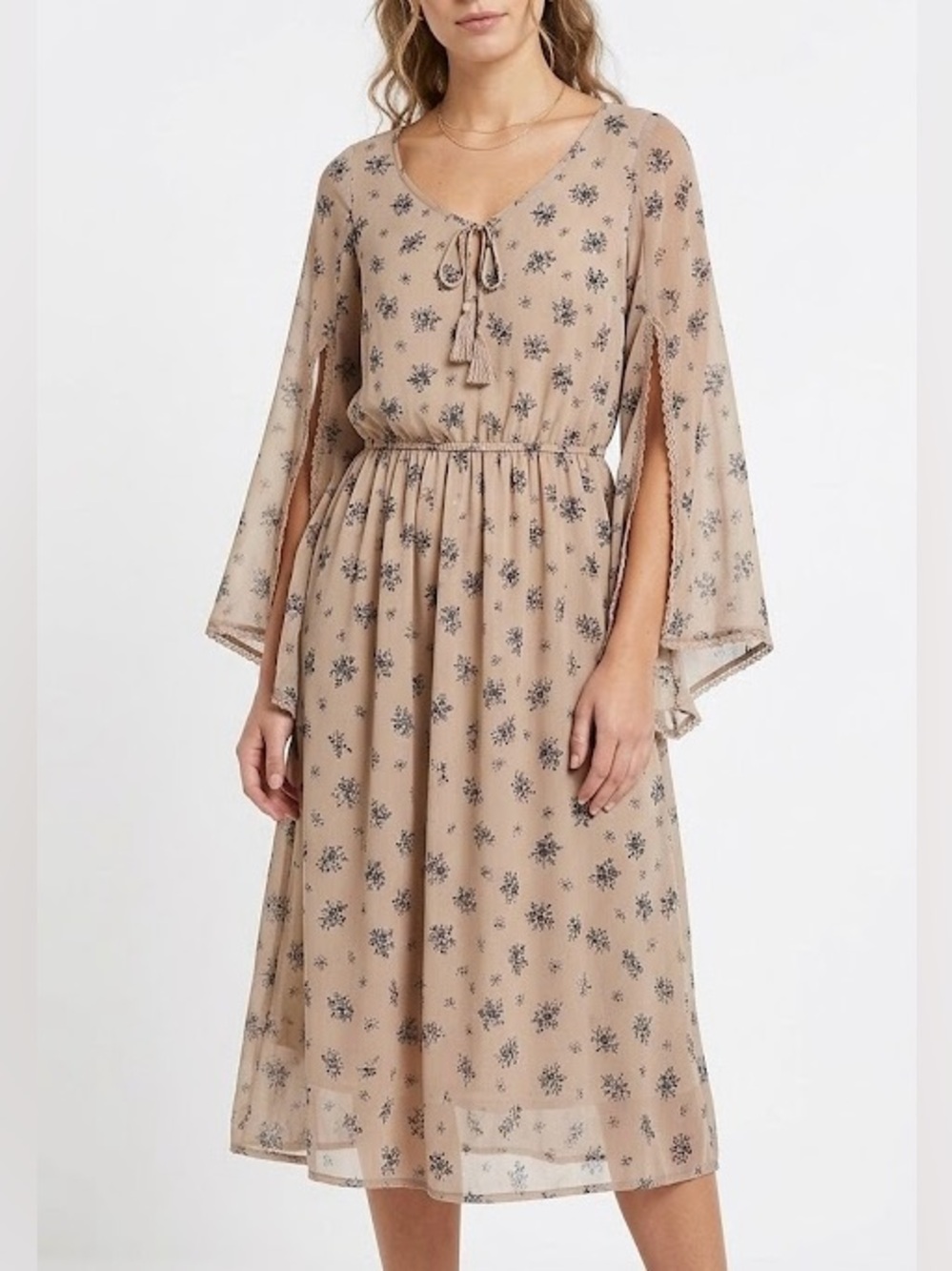 River Island British Size 10/36 Floral Taupe Sheer Lace Trim Boho Prairie Dress
